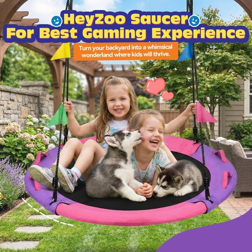 HeyZoo 43-Inch Saucer Swing - 900lbs Weight Capacity for Kids & Adults | 360° Swivel, Adjustable Strap, Pink & Purple