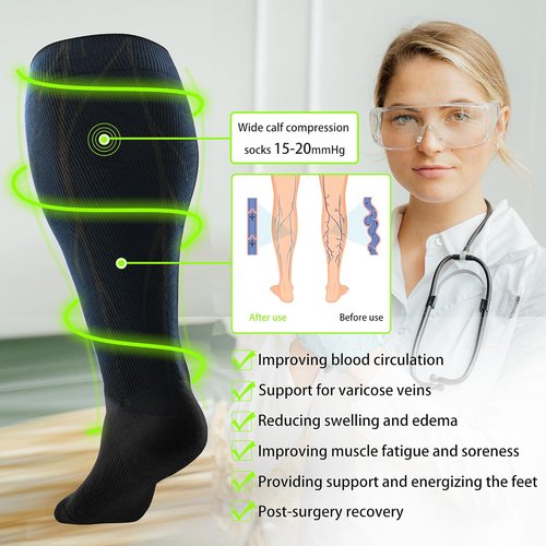LEVSOX Wide Calf Compression Socks - Plus Size 15-20mmHg Knee High Support Stockings for Circulation