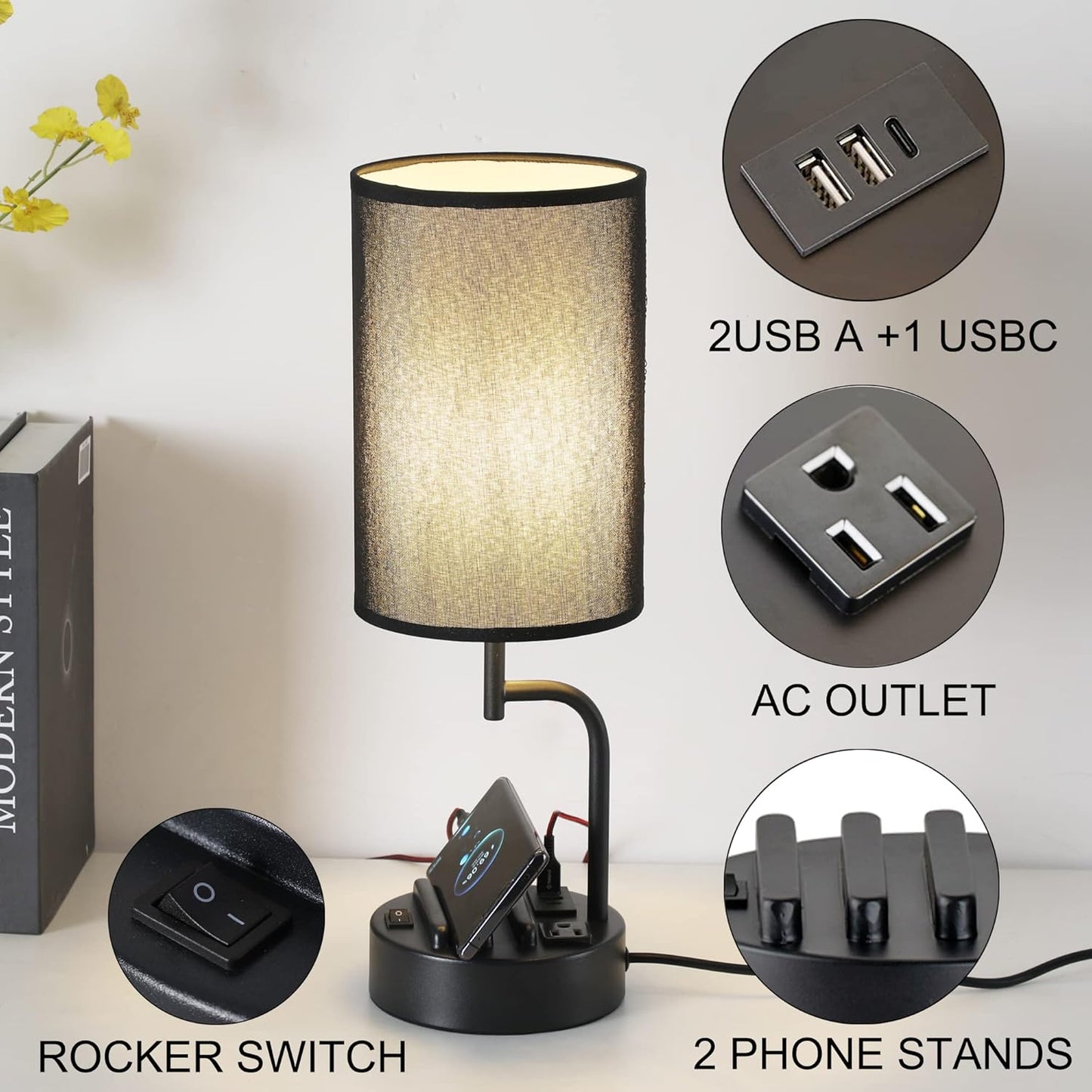 Modern Table Lamp with 3 USB Ports & AC Outlet - Set of 2 Bedside Desk Lamps in Silver