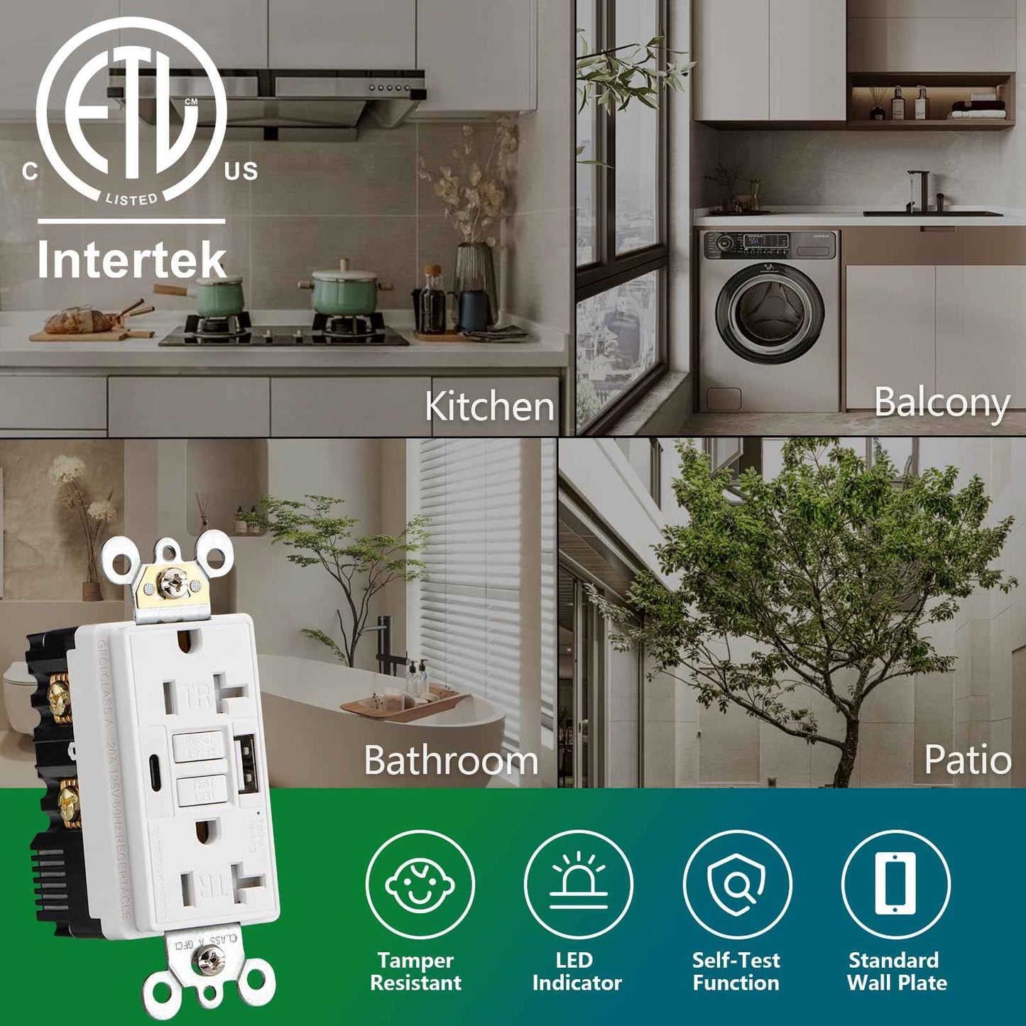 Wengart GFCI Outlet with USB in-Wall,20A Self-Test with LED Indicator Tamper Resistant DC5V 4.8A Charger Outlet with USB Type A & TypeC,White