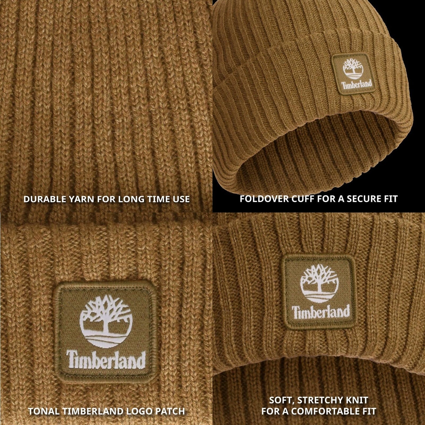 Timberland Men’s Rib Tonal Logo Beanie - Soft Knit Winter Hat, Stretch Fit, Foldover Cuff, Warm Texture for Cold Weather Wear, Wheat, One Size