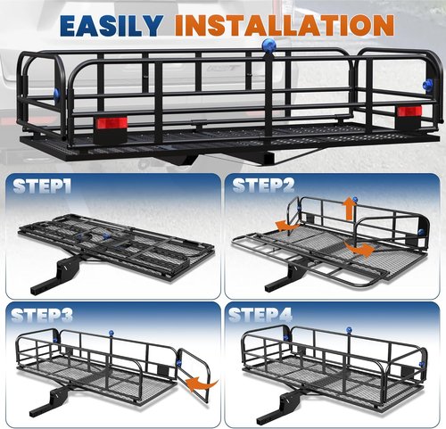 KUIPERAUTO Folding Rack Hitch Mount Cargo Carrier - 500 Lbs Capacity | 60" x 24" x 14" Heavy Duty for SUV & Truck
