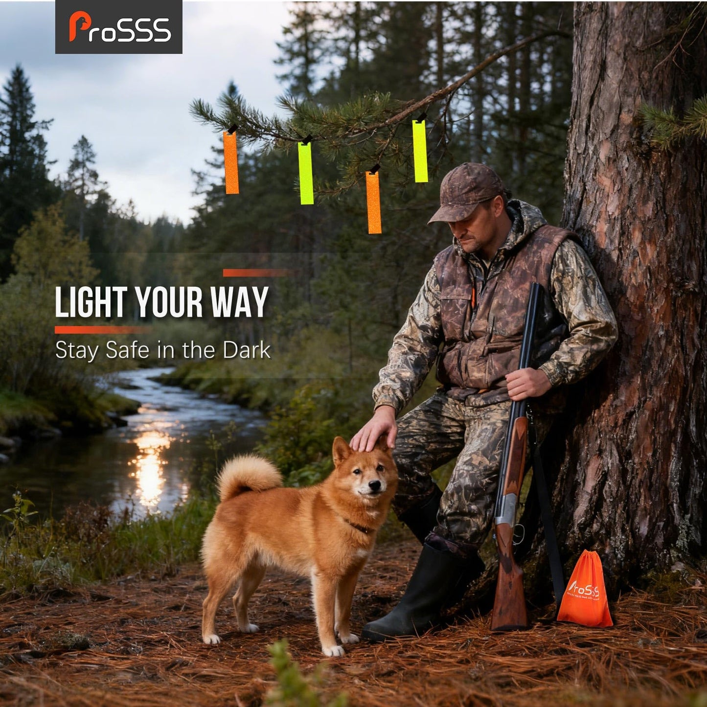 ProSSS Reflective Trail Markers for Hunting & Hiking, Large 150×30mm Reflective Strips (24/48 pcs), Fluorescent Orange & Yellow with Starry Reflective Dots, High Visibility Tree Clips & Carry Bag