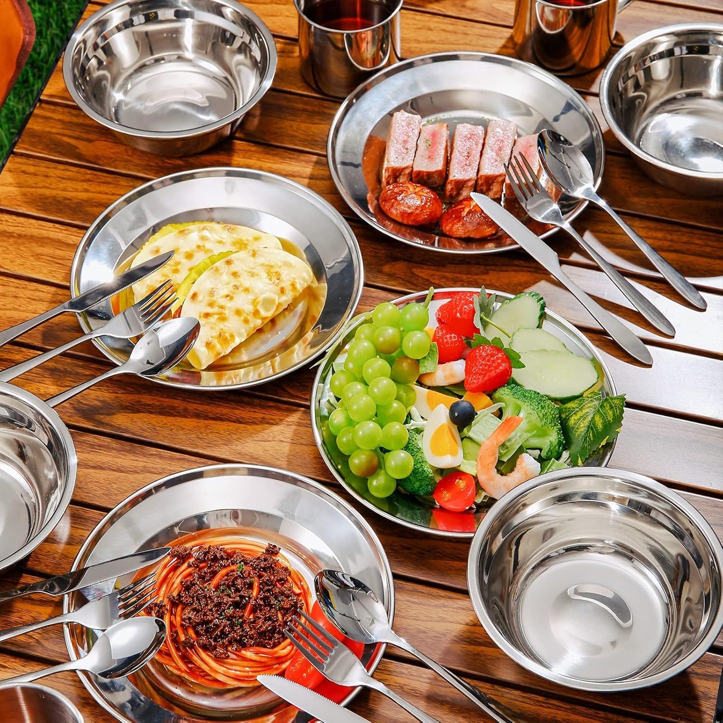 Odoland 29pcs Stainless Steel Utensils Camping Mess Kits with Bowls Plates Cups Forks Spoons and Knives for 4, Cutlery Flatware Set for Backpacking, Outdoor Camping Hiking and Picnic, 6 Person Set