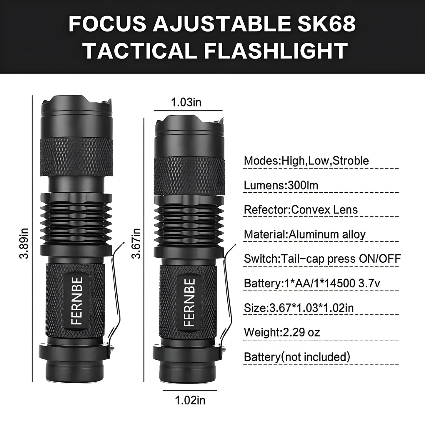 FERNBE 5 Pack SK-68 3 Modes Handheld Mini LED Flashlight Torch Lamp 7w 300lm Adjustable Focus Zoomable Waterproof Light, with Belt Clip Flashlight for Gift,Camping