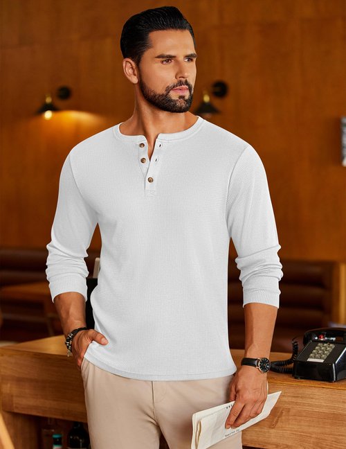 Ekouaer Mens Henley Long Sleeve Shirts Waffle T-Shirt Lightweight Thermal Undershirts White M
