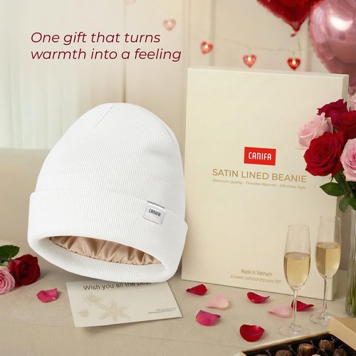Satin Lined Beanie for Women Men, 3-Layer Warm Slouchy Winter Hat, Valentines Day Gifts for Him Her, Gift Box Card Included
