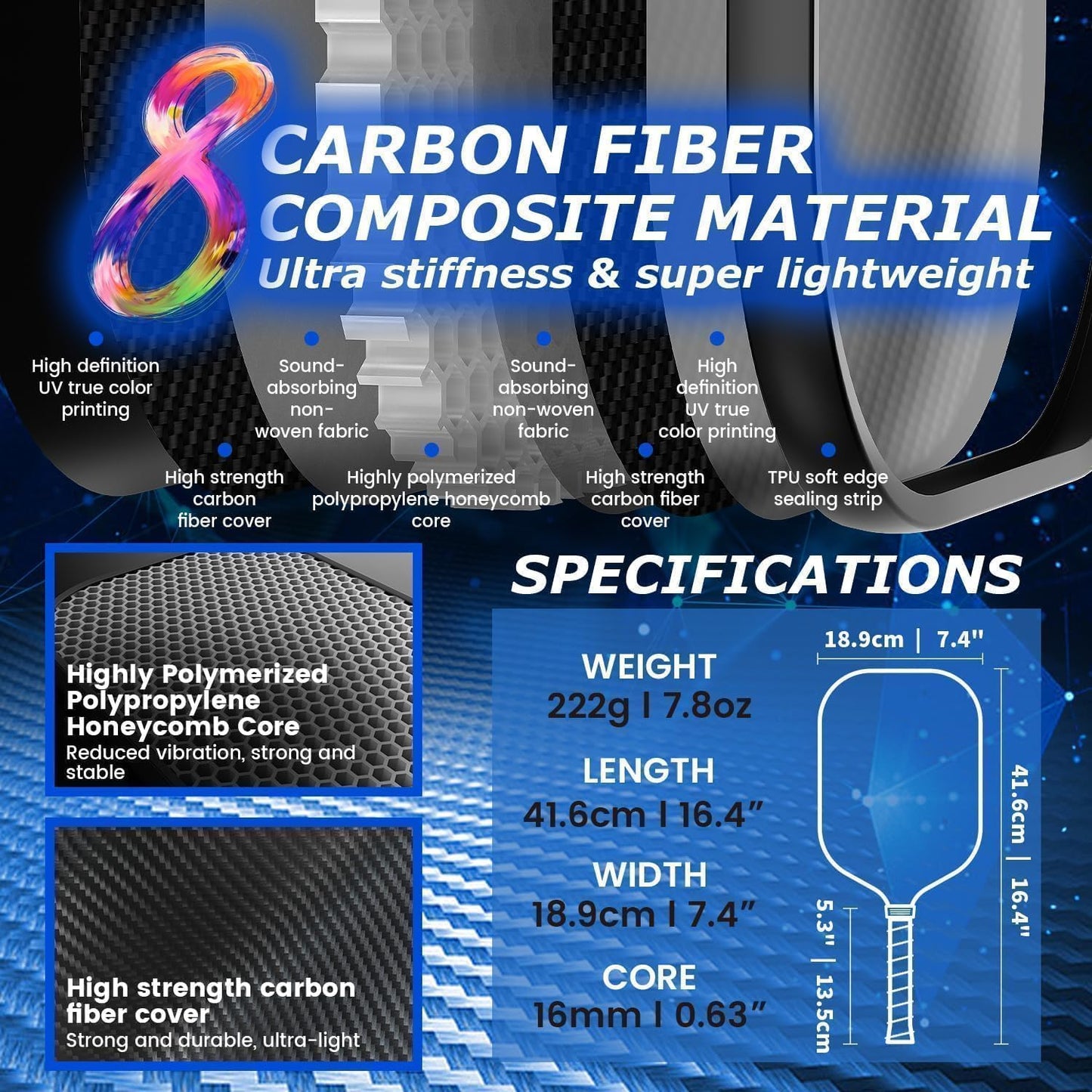 Pickleball Paddles T700 Carbon Fiber Surface Single Paddle USAPA Approved 16MM High Performance Lightweight Racket with Wide Face Long Grip for Men Women Beginner Starters