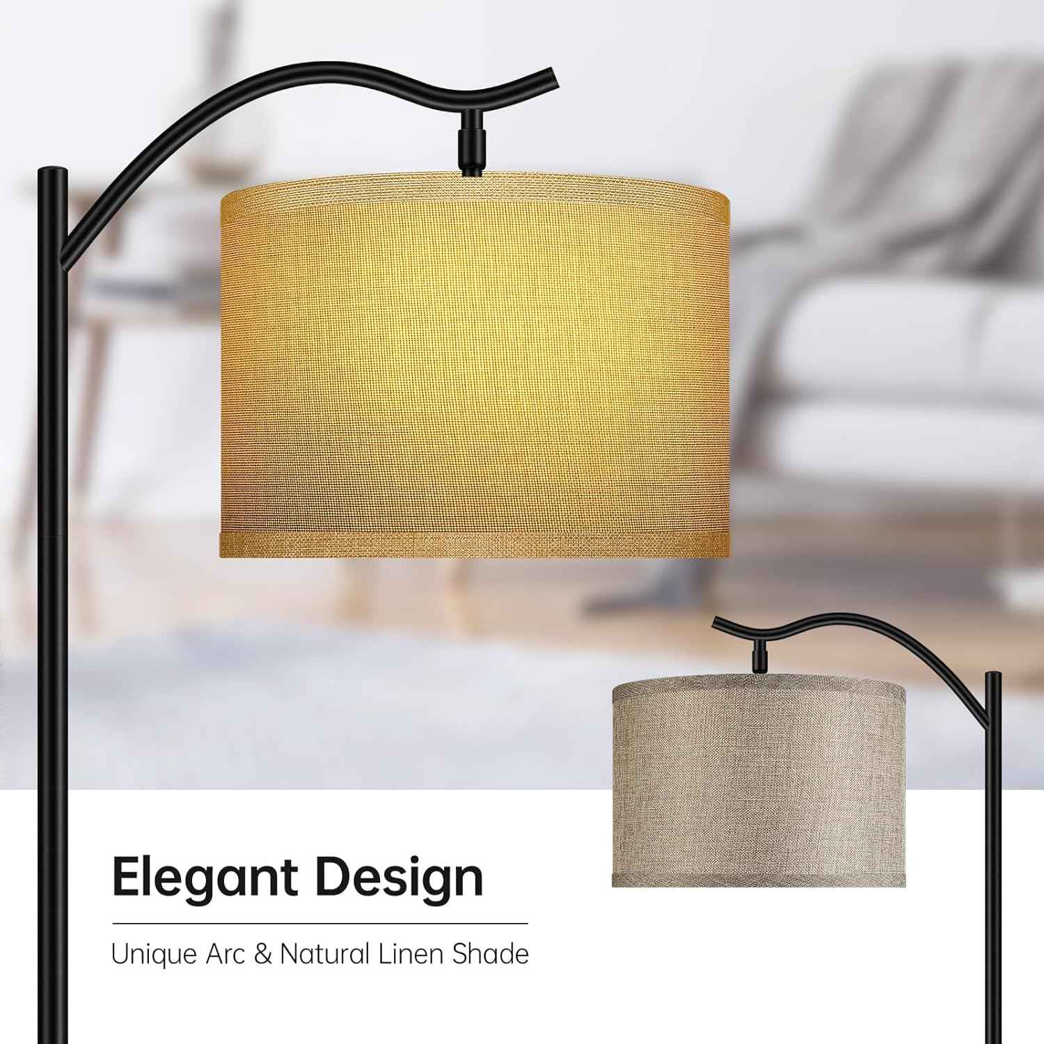 Modern LED Floor Lamp with Bohemian Linen Shade – Arched Tall Standing Light for Living Room & Bedroom
