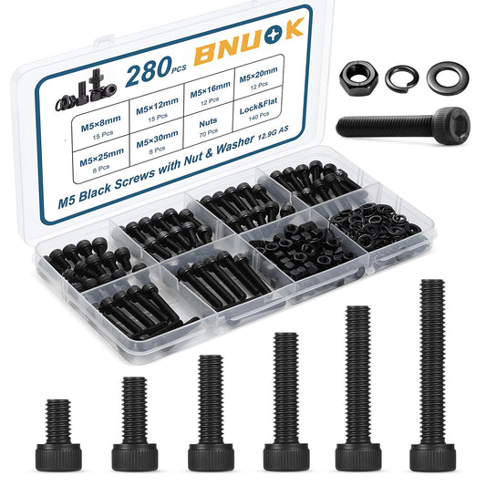 BNUOK 280 PCS M5 Screws Assortment Kit, 12.9 Grade Alloy Steel M5 Bolts Kit, M5x 8/12/16/20/25/30mm, Hex Socket Head Cap Screws Bolts Nuts Washers Set