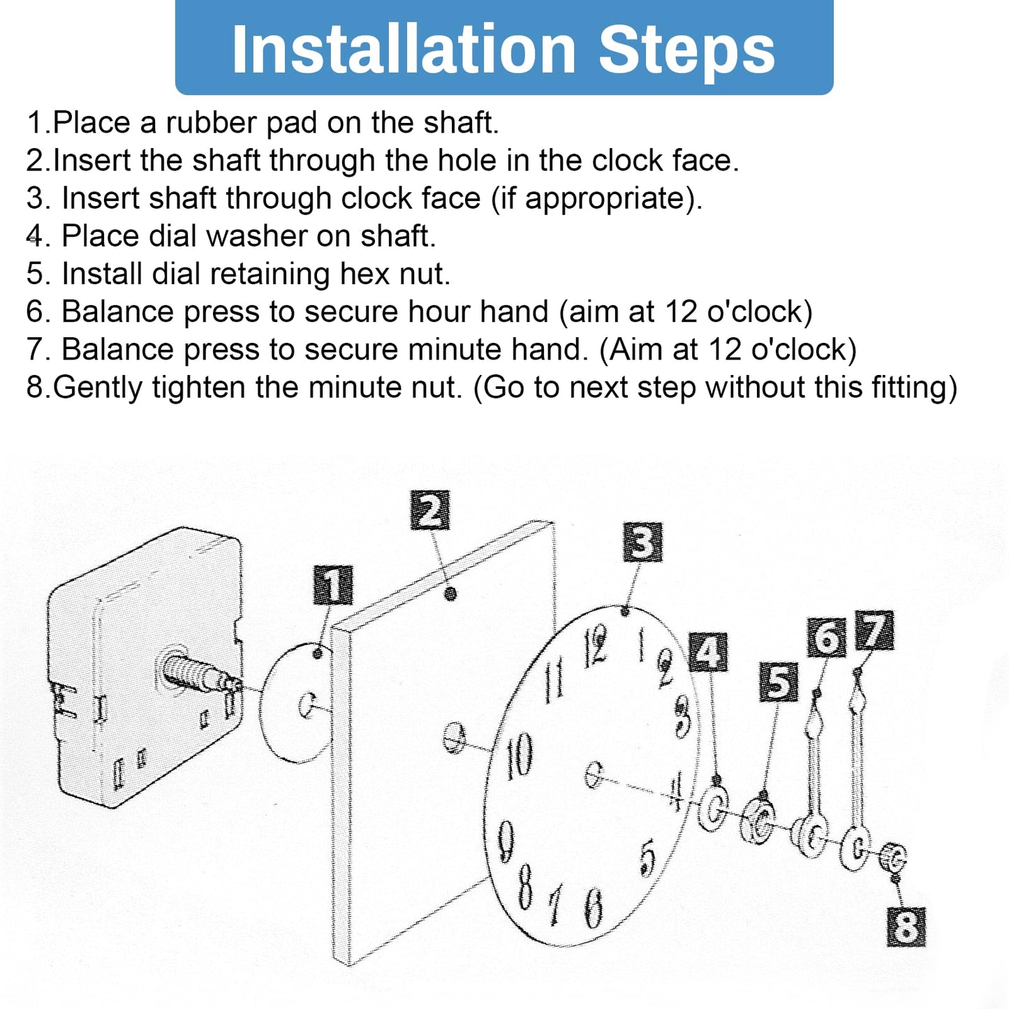YENOVO Quartz Clock 12888 Movement No Second Hand Replacement Set, Battery Operated Axis Shaft High Torque Parts Suitable for Wall Clock Motor Repair Parts and DIY (Thread Length 8mm)