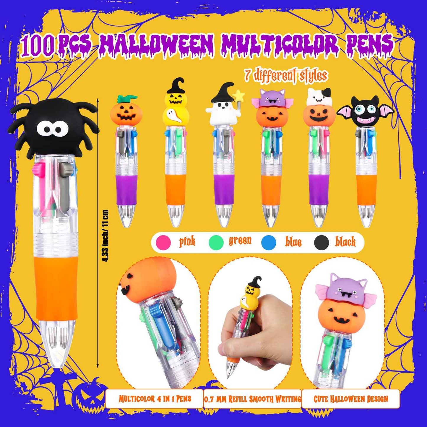 Gilprop 100 Set Multicolor Halloween Retractable Ballpoint Pens 0.7 mm 4-in-1 Halloween Pumpkins Writing Pen with Gift Card Bags for Trick or Treat Party Favors Students Kids School Office Gifts
