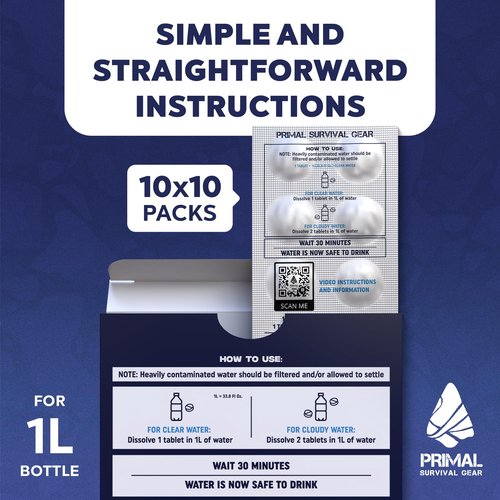 Water Purifier Tablets –Water Purification Tablets for Emergency Water - Hiking, Camping, Survival, Emergency – Drinking Water Filtration System Survival Tabs - Purificador De Agua - 1L - 100 Tablets