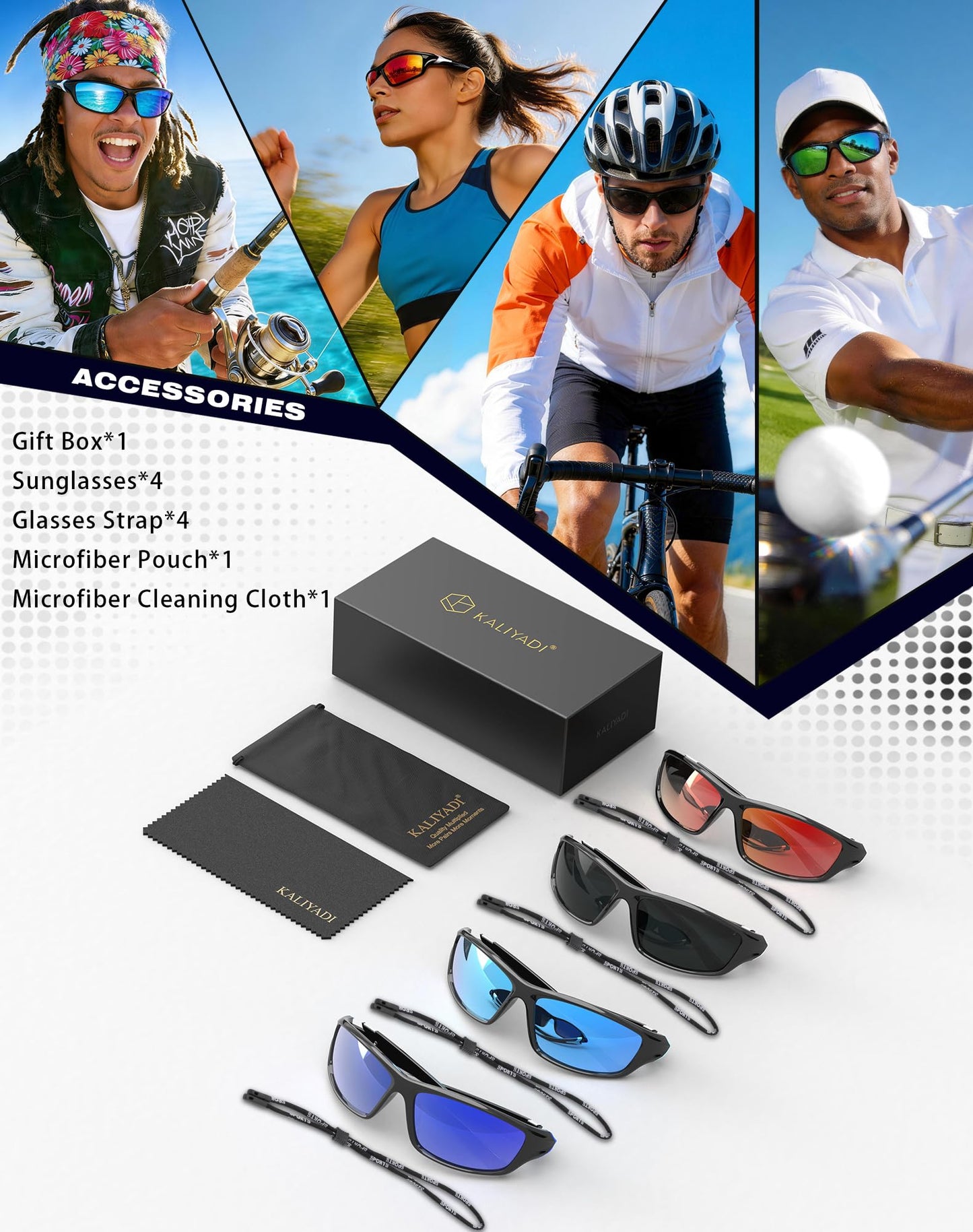 KALIYADI Sports Polarized Sunglasses Men UV400 Protection for Fishing Driving Cycling, Black/Blue/Red/Yellow, 4 Pack