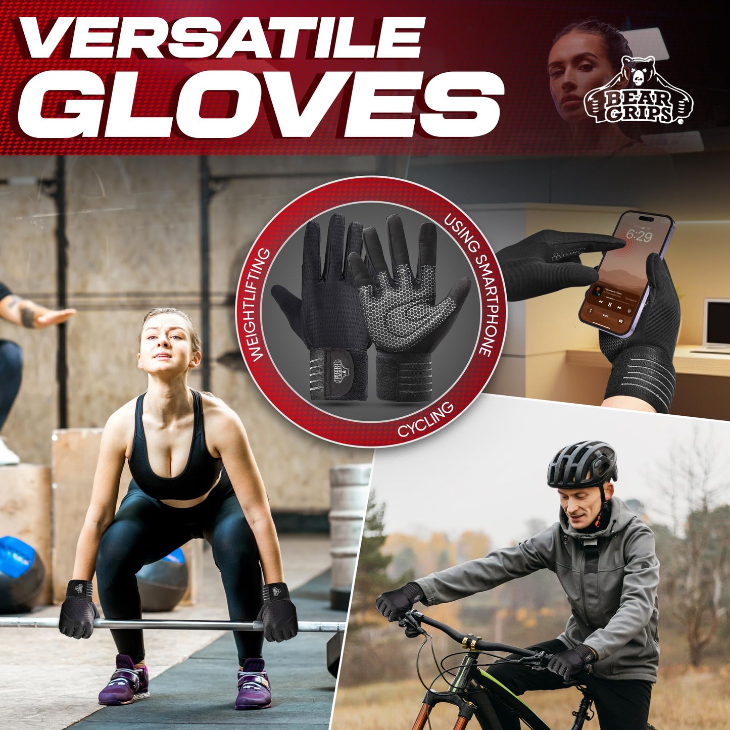 Bear Grips Weight Lifting Armor Gloves for Men & Women | Full Finger Lifting Armor & Workout Gloves (Black-Full Finger, Large)
