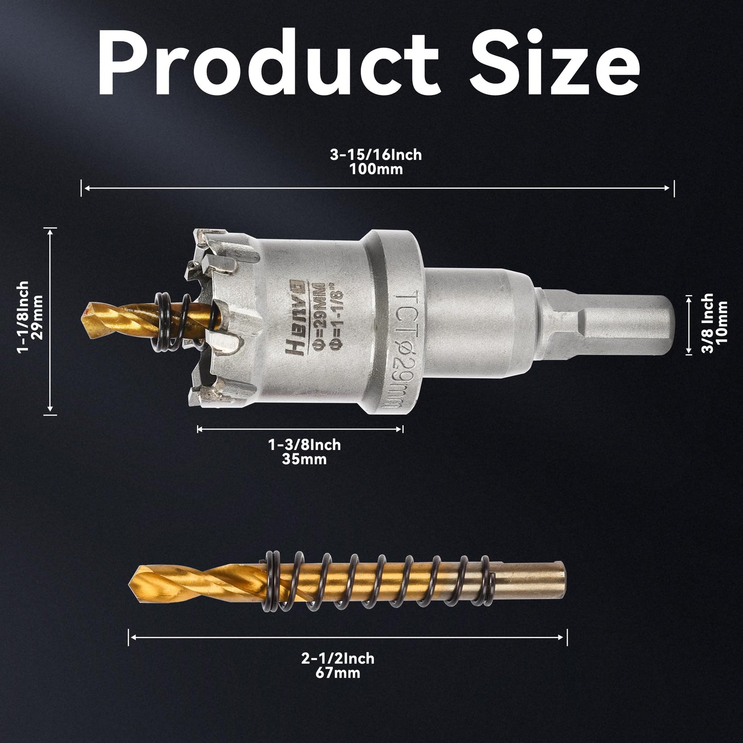Henvo Hole Saw 1-1/8" (29mm) Heavy Duty Carbide with 2 Pilot Drill Bits - Metal Hole Cutter Cuts Stainless Steel, Iron, Copper, Brass, Plastic