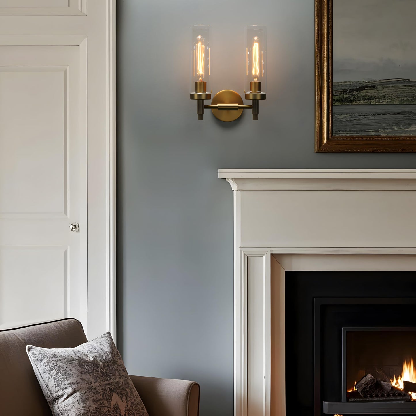 Phansthy Rustic Industrial Wall Sconce Light with 3.14"/8cm Tubular Clear Glass Lampshade (Double Sconce Antique)