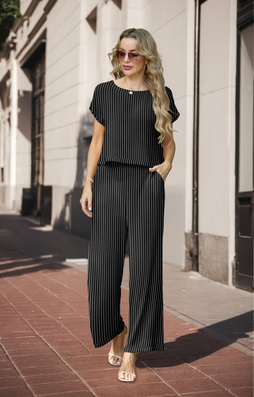 Lepunuo 2025 Summer Two Piece Outfit Cap Sleeve Top and Loose Wide Leg Pants Lounge Matching Set Tracksuit