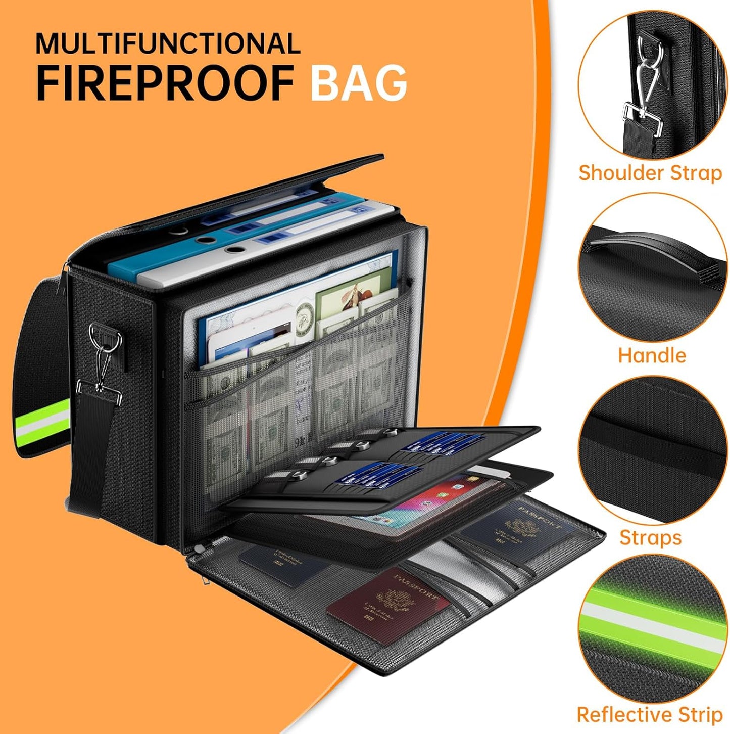 Fireproof Document Bag - Large 17”x12.5”x7.2” Waterproof Organizer with Multiple Pockets for Home & Office