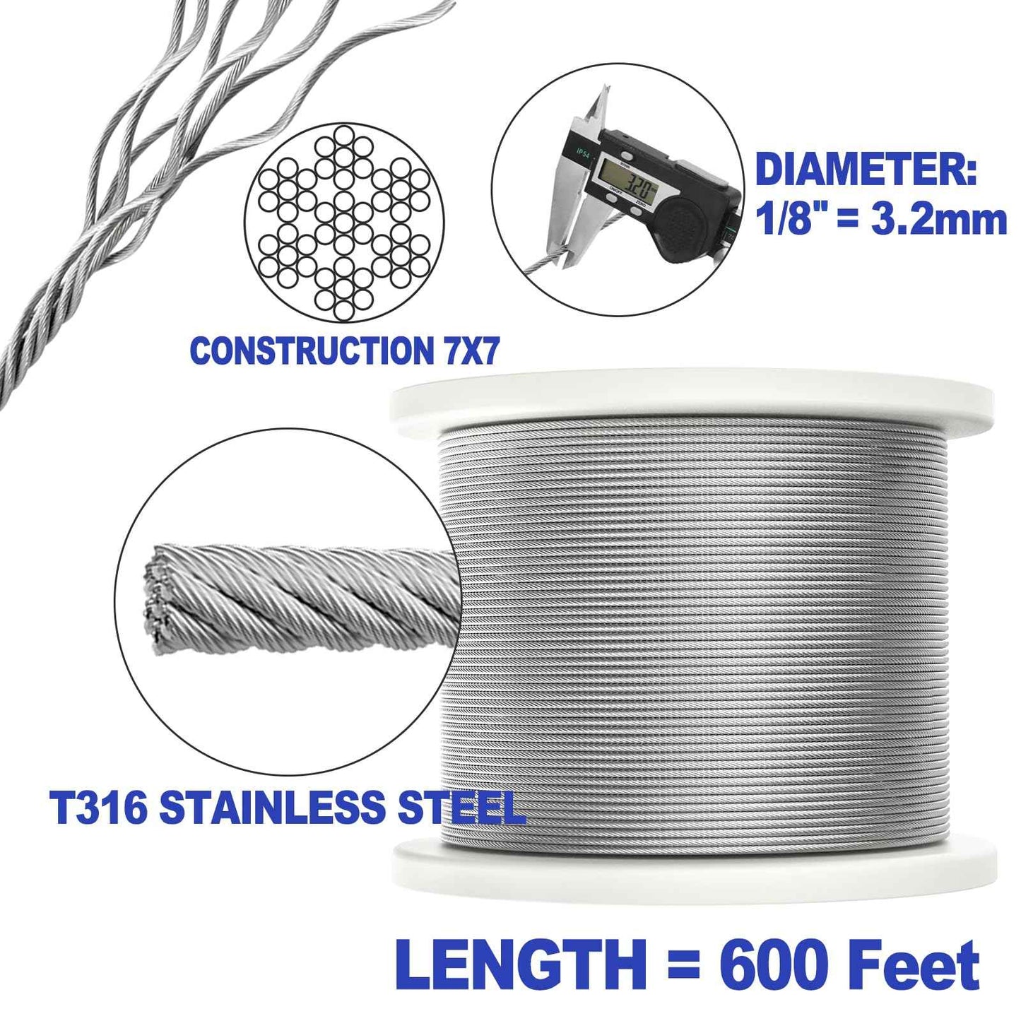 CKE 600FT 1/8" Stainless Steel Cable Railing System Hardware, T316 Marine Grade Stainless Steel Wire Rope Cable for Deck Cable Railing Kits, 7x7 Strands Aircraft Cable Wire Rope, DIY Balustrades CW600