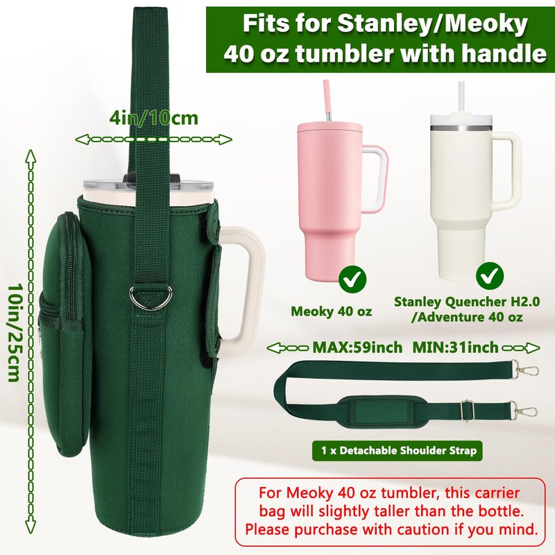 Water Bottle Carrier Bag with Phone Pocket Compatible with Stanley/Meoky 40 oz Tumbler with Handle,Water Bottle Holder Pouch with Adjustable Strap Compatible with Stanley Cup Accessories,Green