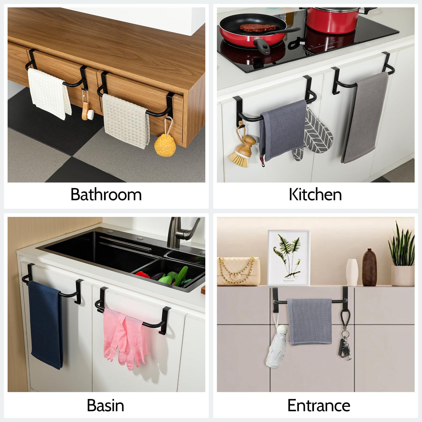 SAYAYO Over Cabinet Towel Bar Black, 10 Inch Kitchen Towel Holder with 2 Hooks, Over The Cupboard Door Dish Towel Rack, 2 Pcs