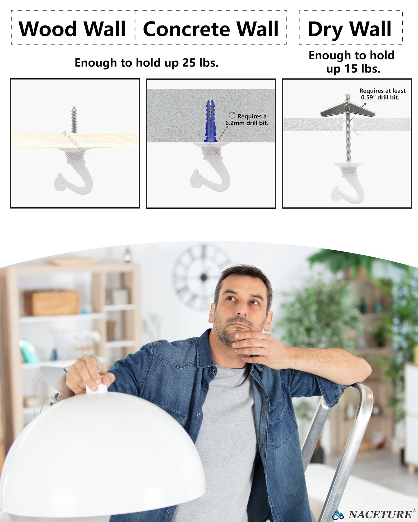 NACETURE Ceiling Hooks for Hanging Plants – 6 Pcs White Plant Hooks for Hanging Baskets Outdoor or Indoor - Swag Hook for Ceiling with Toggle Hooks for Hanging Lights, Flower Install Screw in Hooks