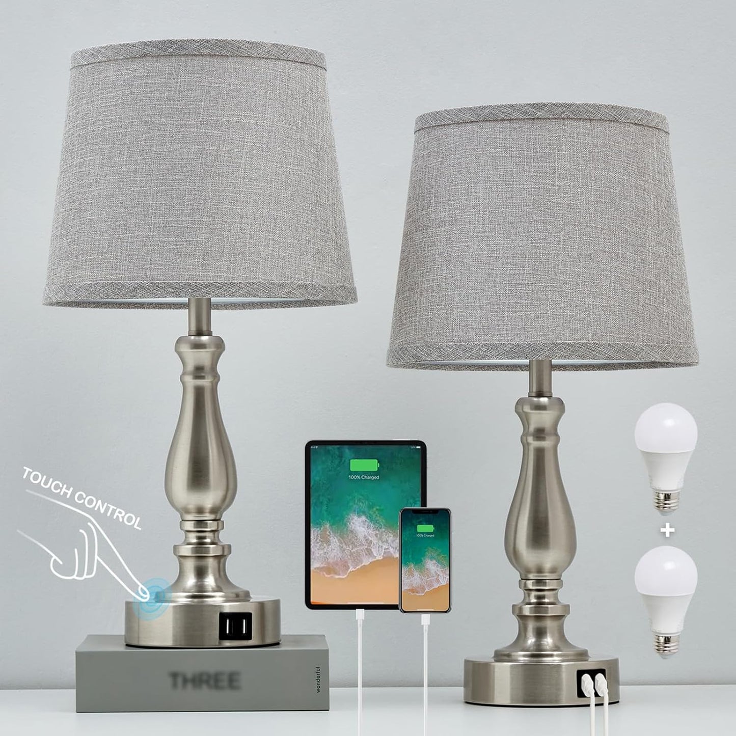 Touch Bedside Table Lamps Set of 2 with USB C+A Ports - 3-Way Dimmable Linen Shade