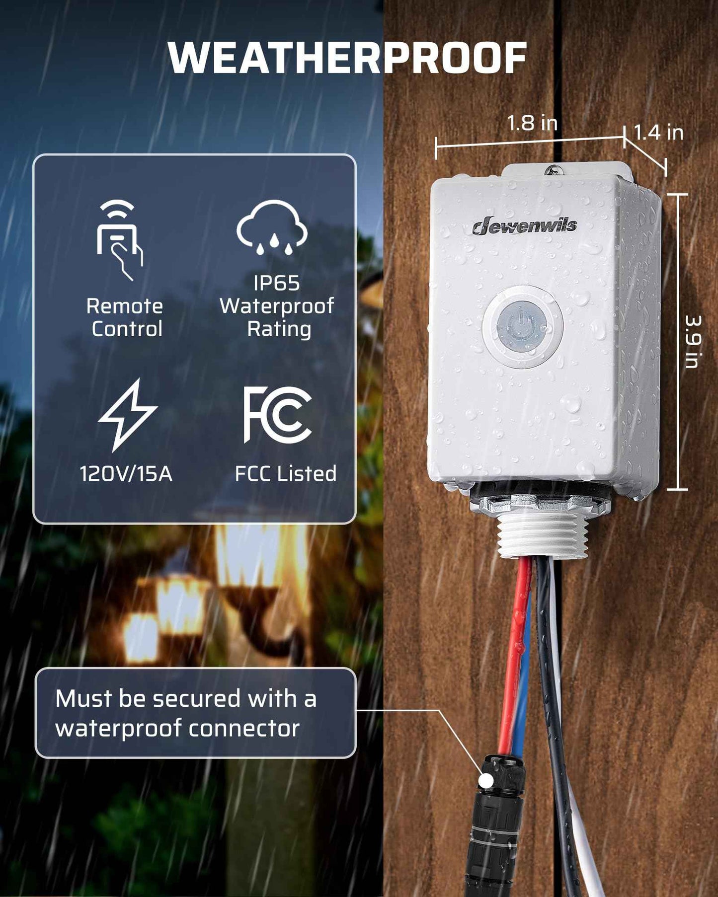 DEWENWILS Outdoor Wireless Light Switch and Receiver Kit IP65 Waterproof 15A High Power Remote Light Switch, No Wiring & 100FT Range Wireless Switches for Lights