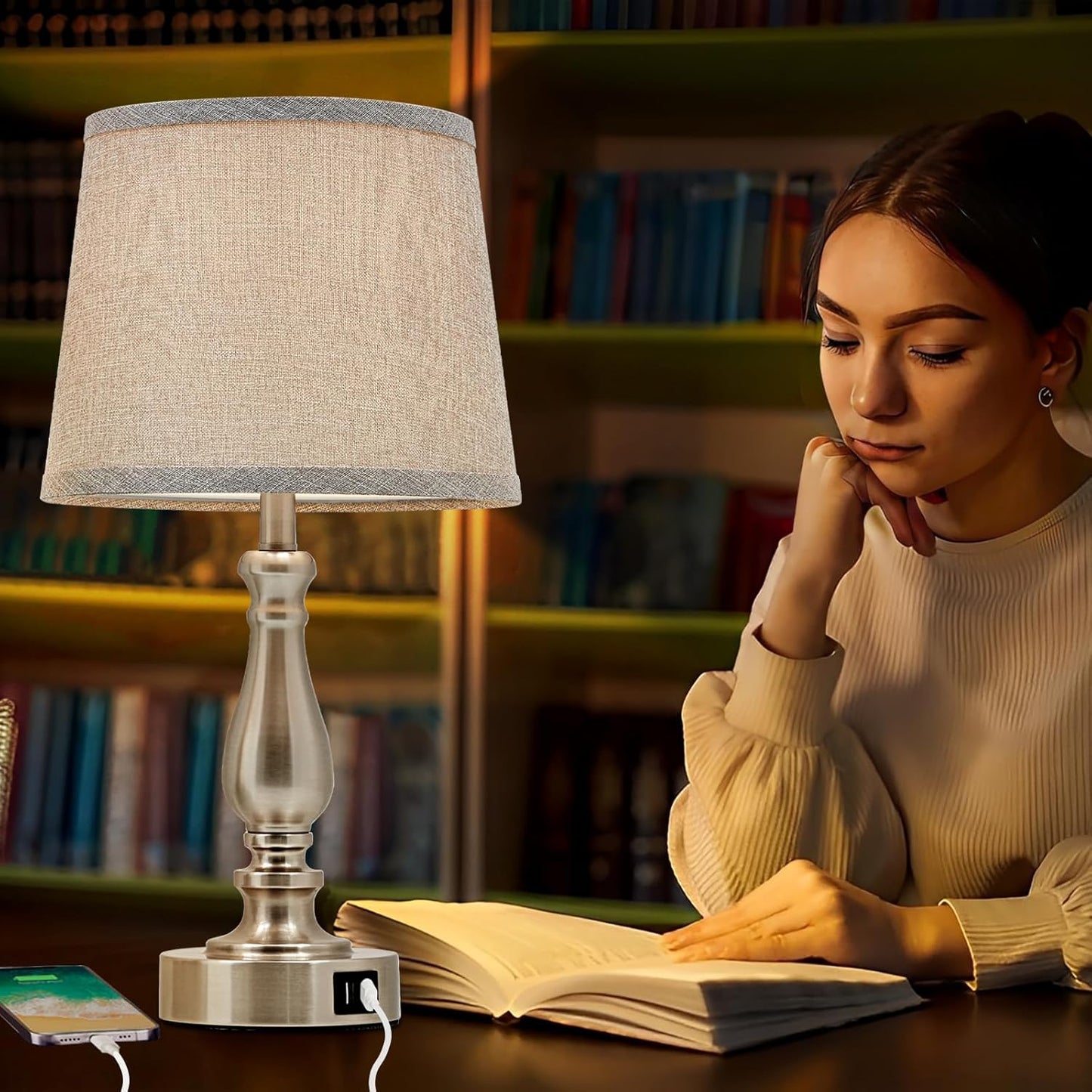 Touch Bedside Table Lamps Set of 2 with USB C+A Ports - 3-Way Dimmable Linen Shade
