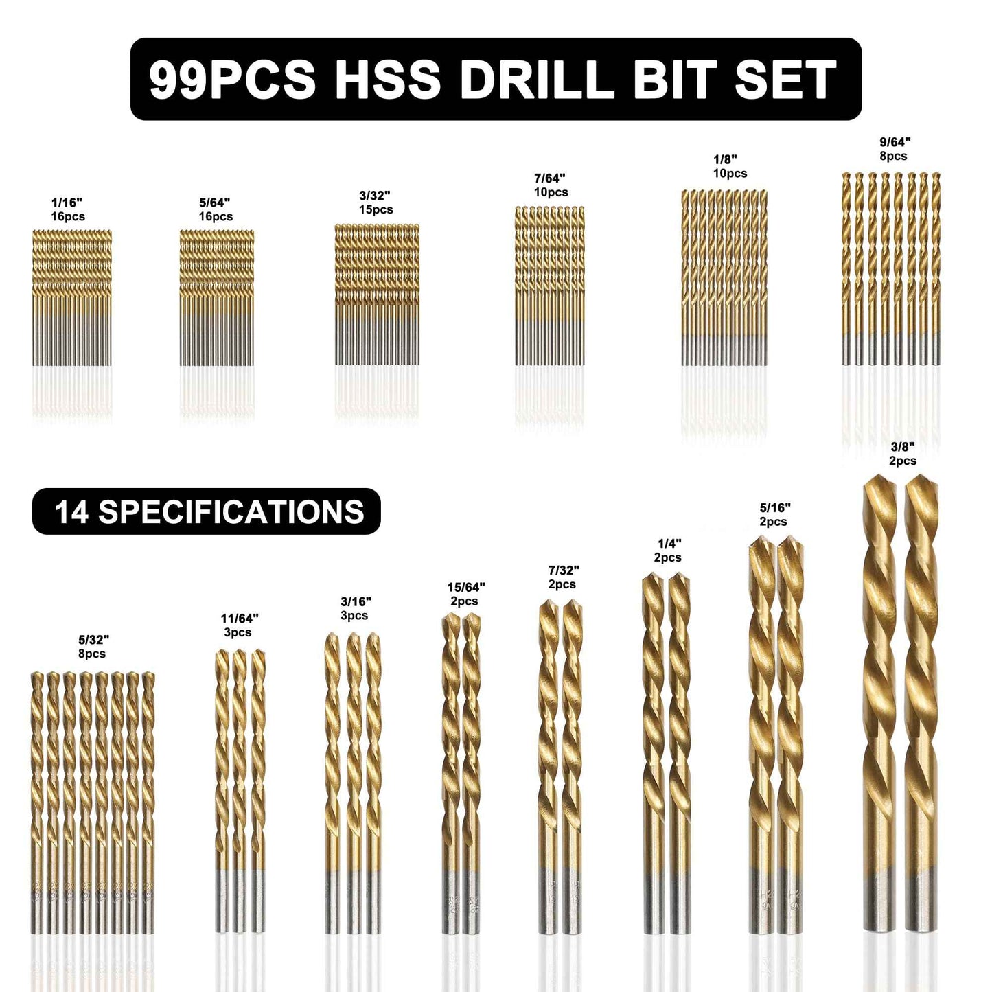 Axelord 99 Pcs Drill Bit Set(1/16“-3/8”), 135° Tip Titanium Coated High Speed Steel, Twist Drill Bit Kit for Iron, Aluminum Alloy, Copper, Wood, Plastic, with Hard Storage