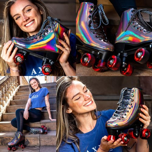 JajaHoho Roller Skates for Women and Men, Holographic High Top Classic Rollerskates, Shiny Double-Row Four Wheels Quad Skates for Girls, Age 8-50 Indoor & Outdoor (Size 10, Golden Black)