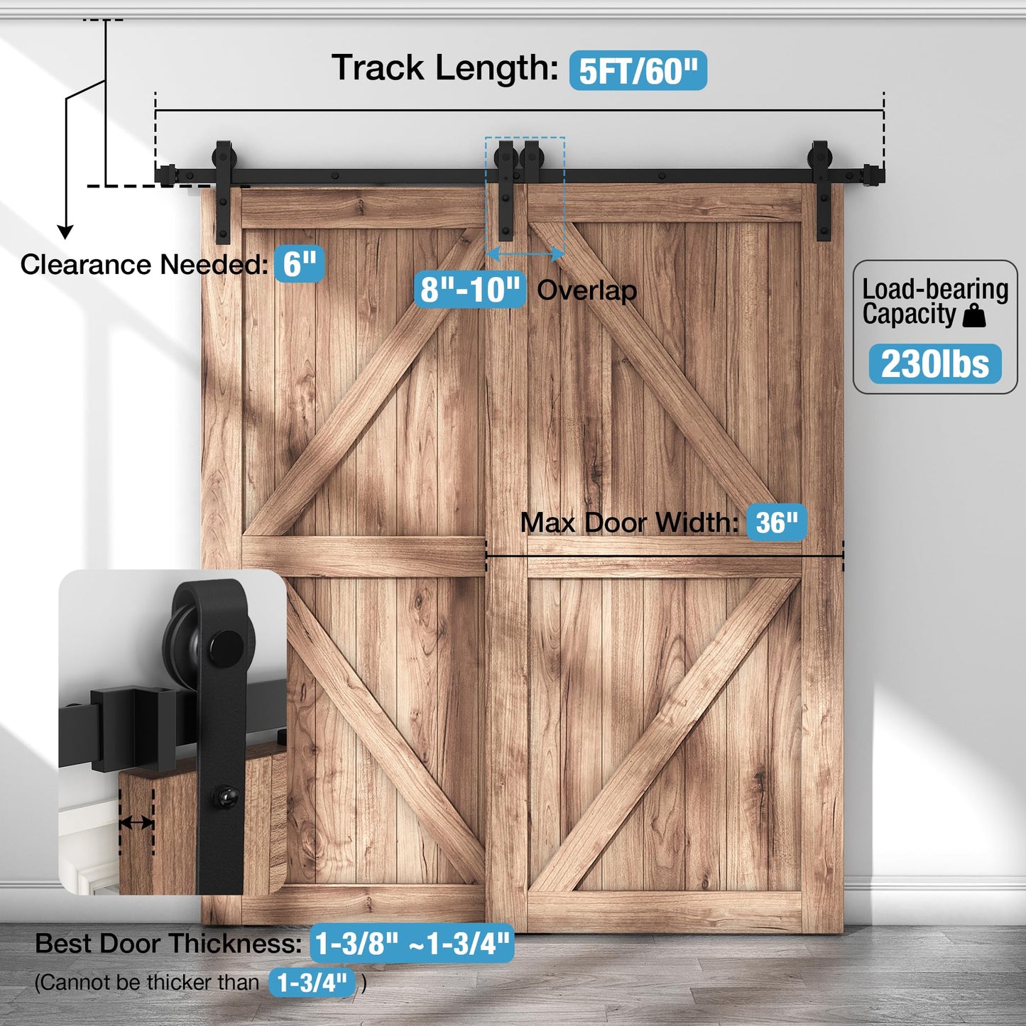 ZEKOO 5 FT Bypass Barn Door Hardware Kit, Single Track, Double Wooden Doors Use, Flat Track Roller, Low Ceiling (5 FT Single Track Bypass)