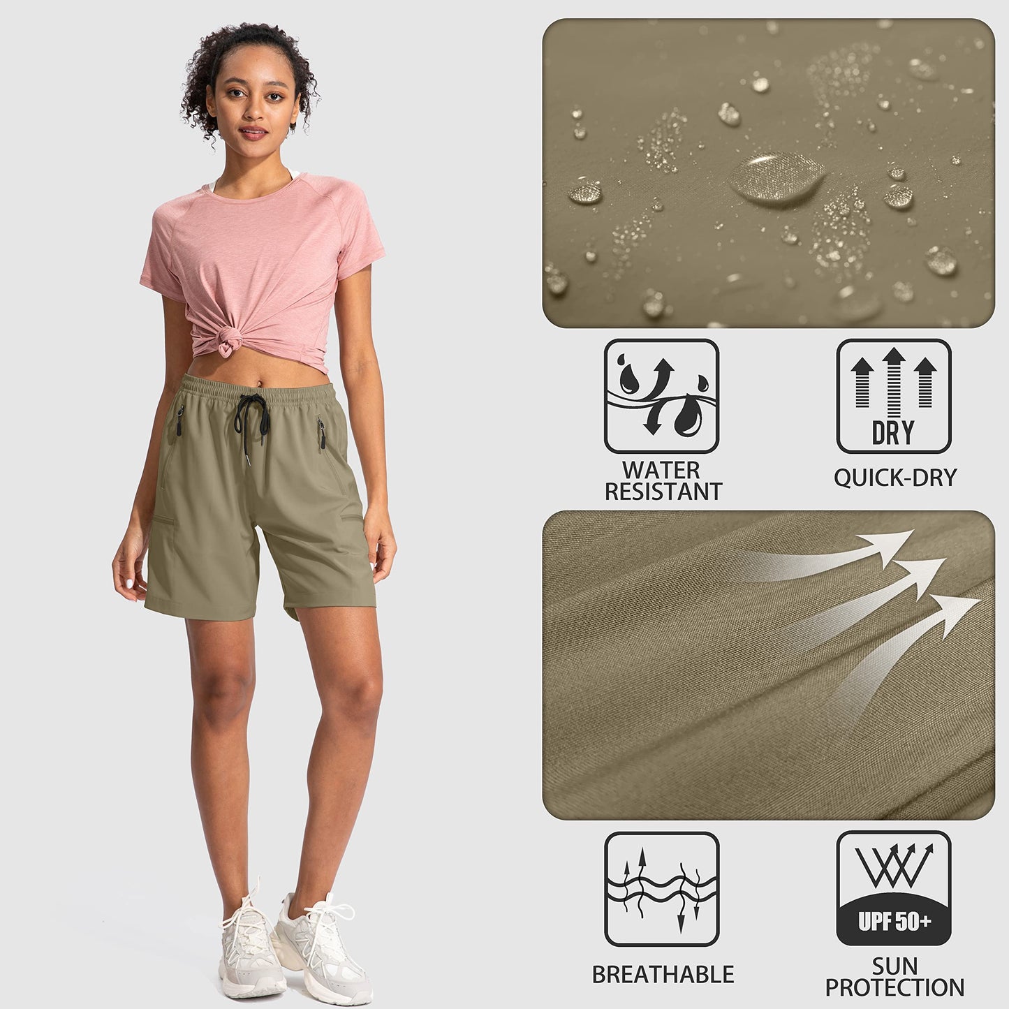 SANTINY Women's 5''/ 7''/9'' Hiking Cargo Shorts Quick Dry Lightweight Summer Shorts for Women Athletic Golf Zipper Pockets(Dusty Khaki_L)