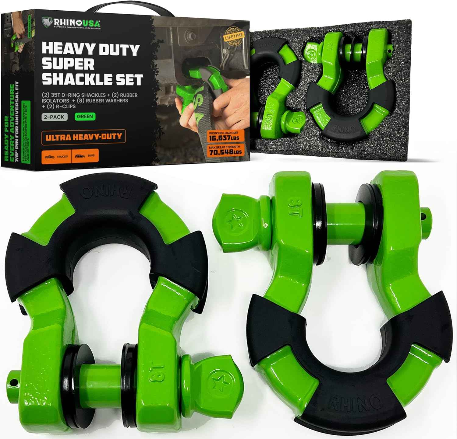 Heavy-Duty Rhino USA Super D Ring Shackles 2-Pack - 70,548lb Break Strength for Towing & Off-Road Recovery (Red)