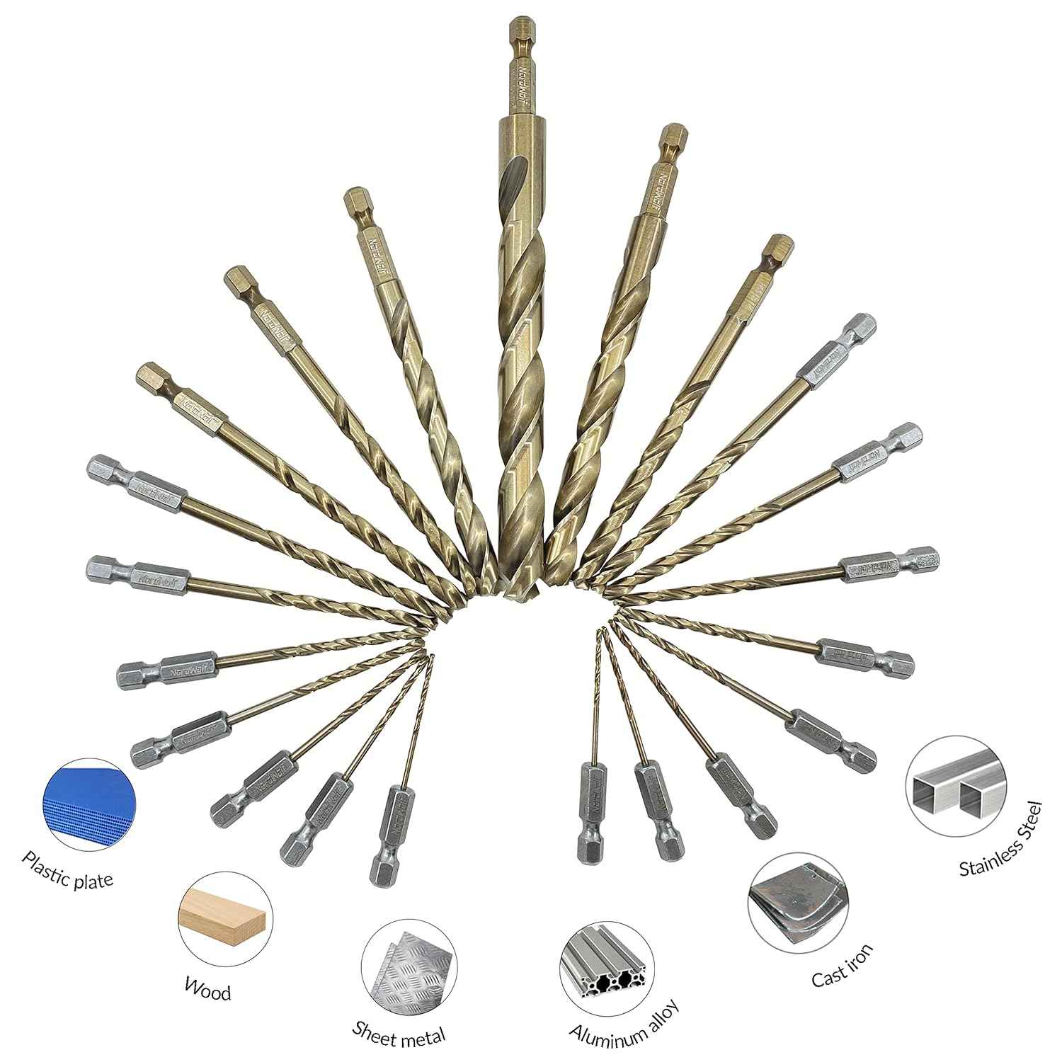 21-Piece Cobalt Drill Bit Set for Stainless Steel & Hard Metals - Jobber Length, 1/4" Hex Shank, SAE Sizes in Storage Case