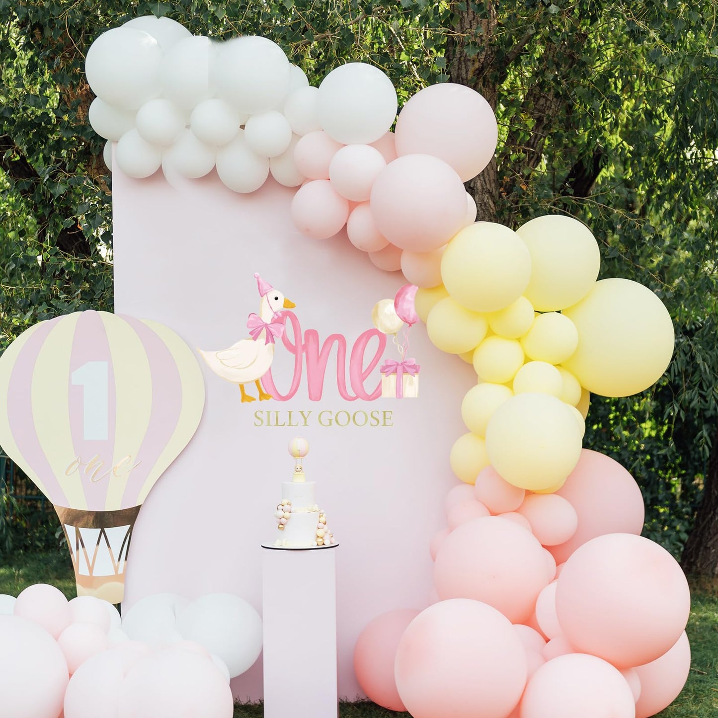 JarThenaAMCS One Silly Goose Party Decal Sign Pink First Birthday Wall Sticker Pink Bow Goose Sweet Party Backdrop Photo Prop for 1st Girl Birthday Balloon Arch