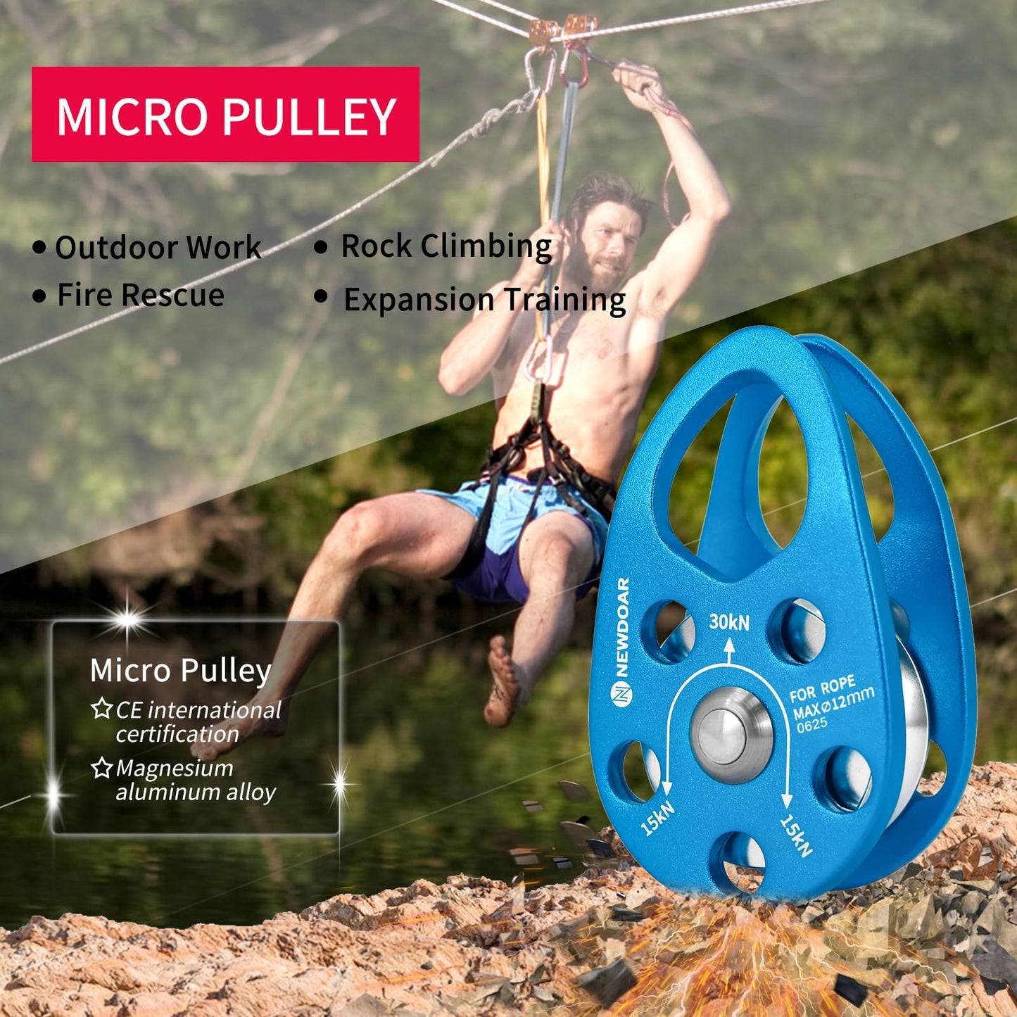 NewDoar Micro Mobile Pulley 30KN/6746lb Mobile Single Pulley Cheek Shaped for Max Rope 12mm Rope for Climbing, Rescue Lifting,Hitch Tending (Grey-Pack of 2)