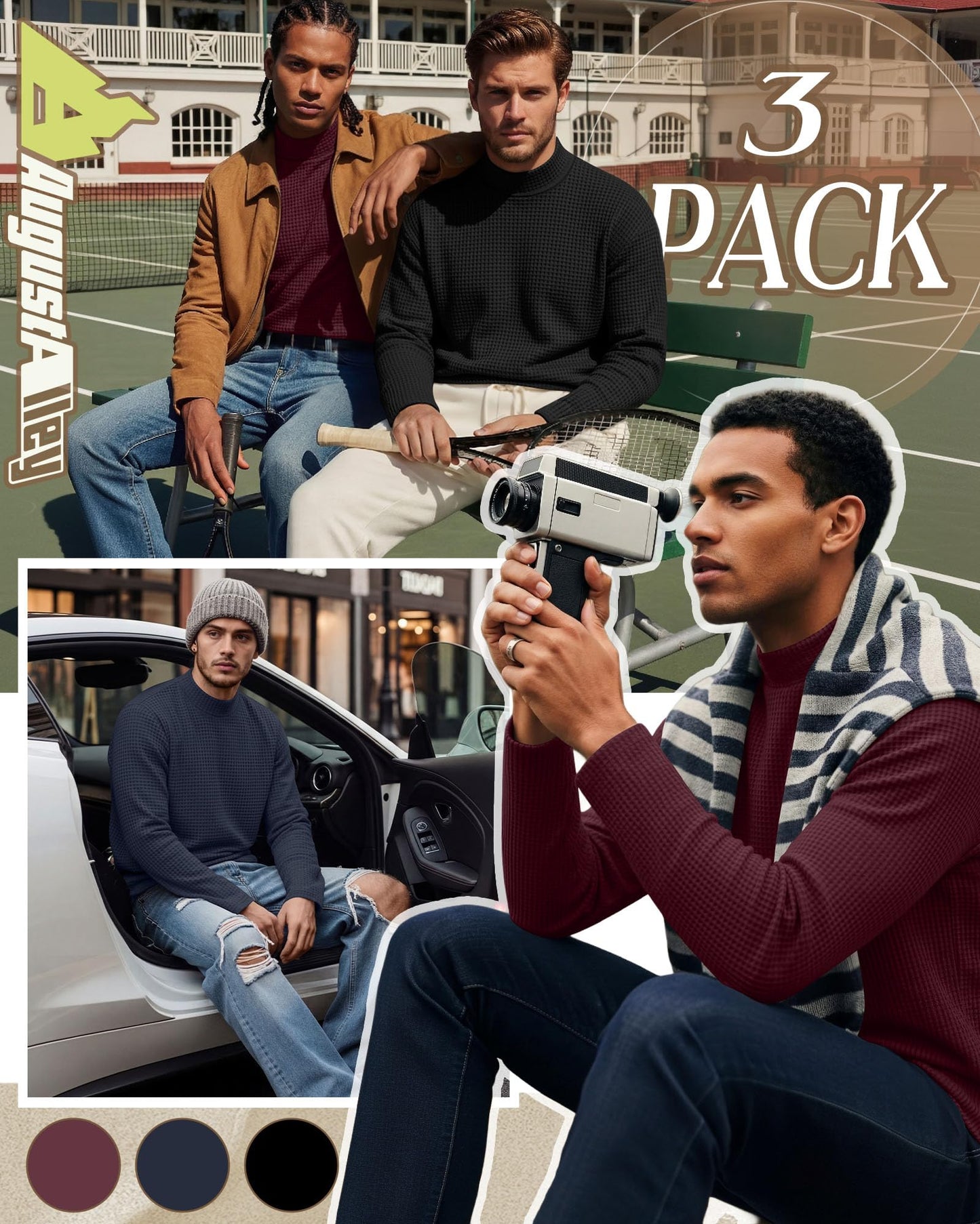 August Alley 3 Pack Men's Waffle Thermal Shirts Long Sleeve Mock Turtleneck Underwear Tops Pullover Undershirts Base Layer(Black, Navy Blue, Wine Red,Large)