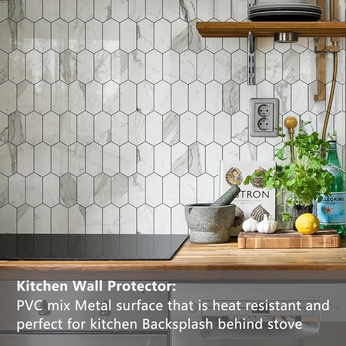 Glossy Wood Grain Peel and Stick Backsplash Tile - 10 Sheets Hexagon Mosaic for Kitchen & Bathroom, 12.4 x 12 Inch