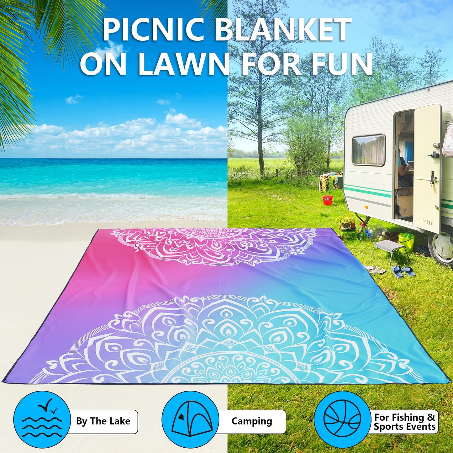 AISPARKY Beach Blanket Waterproof Sandproof, Oversized Large Beach Mat 79" X 83"/120"x108" for 1-8 Adults, Quick Drying&Compact&Lightweight, Picnic Mat Vacation Essentials for Beach Camping Travel