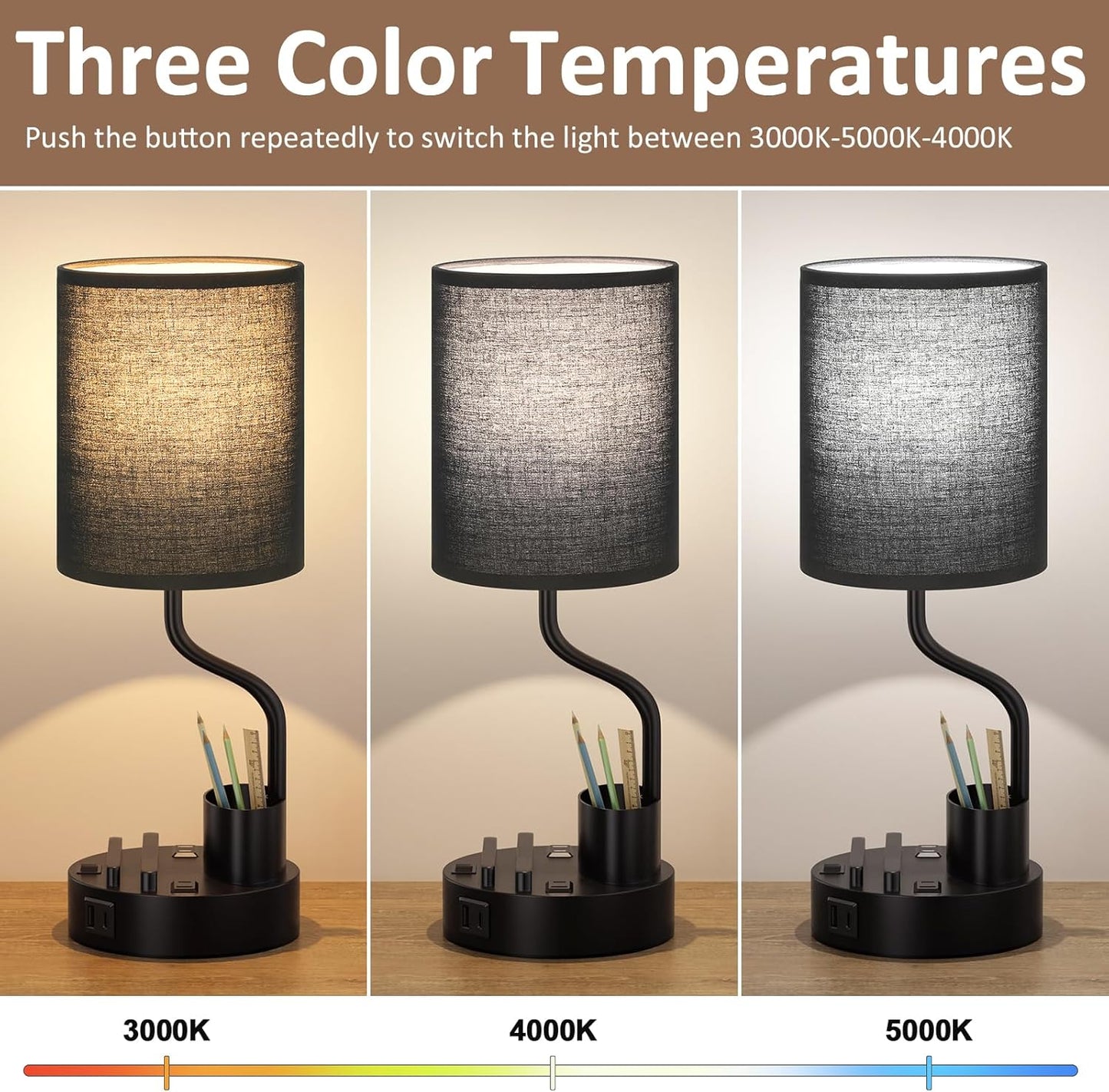 Set of 2 Bedside Table Lamps with USB & AC Outlet - 3 Color Temperatures, Desk Light & Phone Stand for Bedroom, Living Room, Office
