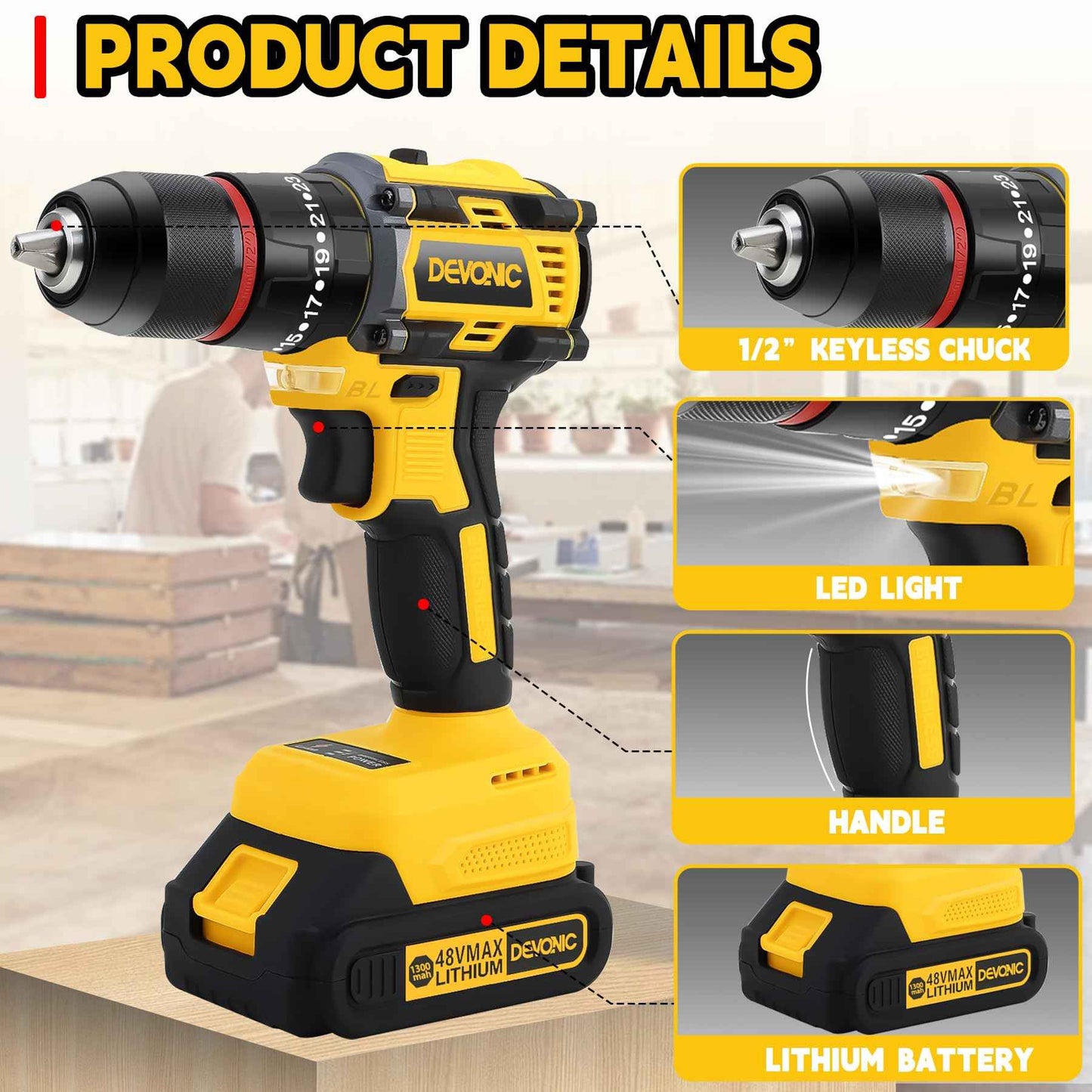 DEVONIC 21V Brushless Cordless Drill, 2 Battery and Fast Charger,1/2 Inch Keyless Chuck Torque 450 In-lb,2 Variable Speed 23+3 Clutch with Impact