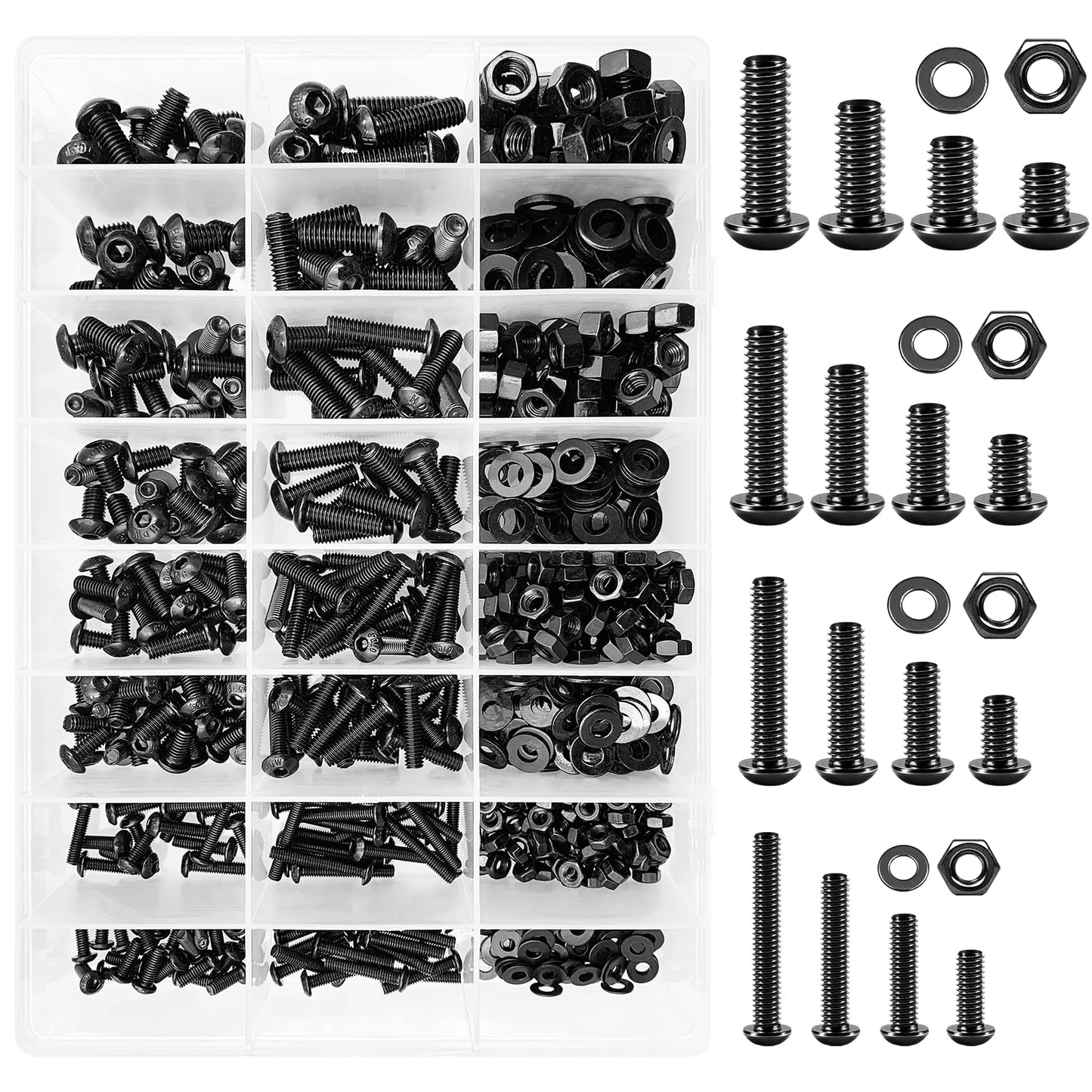 Mywish 900Pcs Metric Screw Assortment Kit, M3 M4 M5 M6 Bolts Nuts & Flat Washers, Grade 10.9 Alloy Steel Hex Socket Head Screws, Wrenches, Fully Threaded, Black Nuts and Bolts Assortment Kit