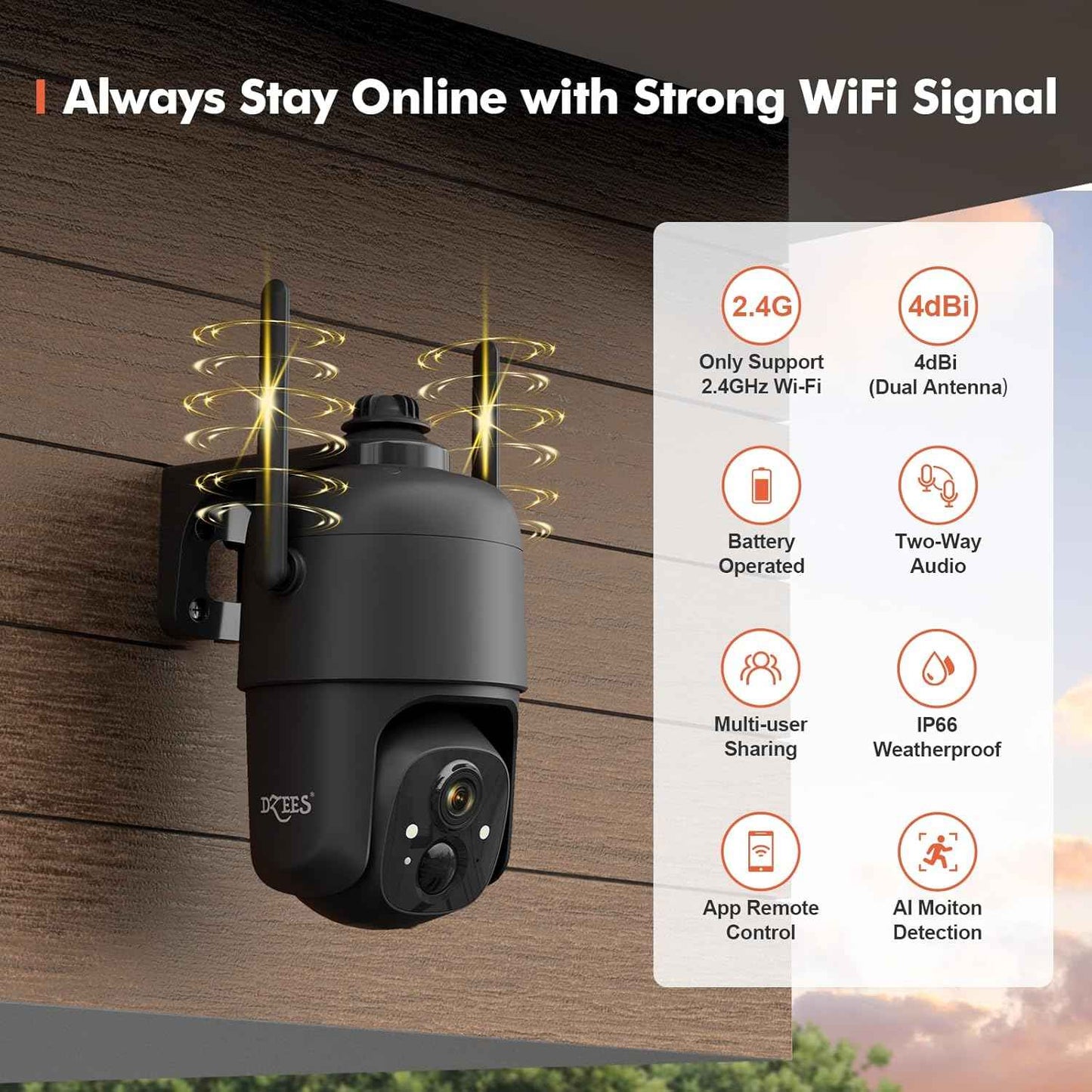 2K Wireless Outdoor Security Camera - Dzees 360° PTZ, Color Night Vision, AI Motion Detection, 2-Way Talk, IP66