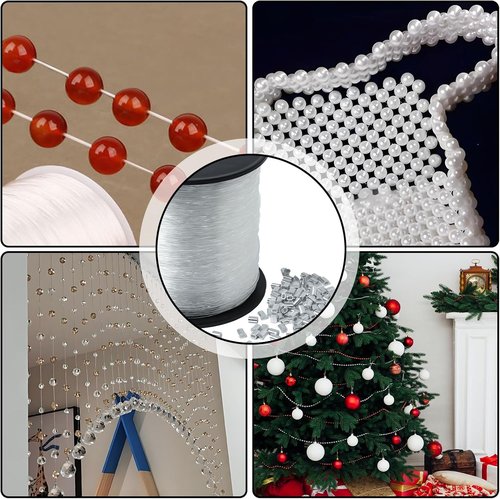 Clear Hanging Wire - 0.8mm Heavy Duty Fishing Line Up to 75Lbs | 820FT Invisible Nylon Thread with 120 Aluminum Crimping Sleeves