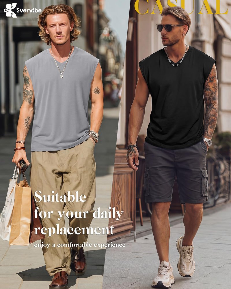 Evervibe 3 Pack Mens V Neck Tank Tops 95% Cotton Sleeveless Big and Tall Muscle Cut Off Shirts Gym Workout Tee(Black, White, Gray,Large)