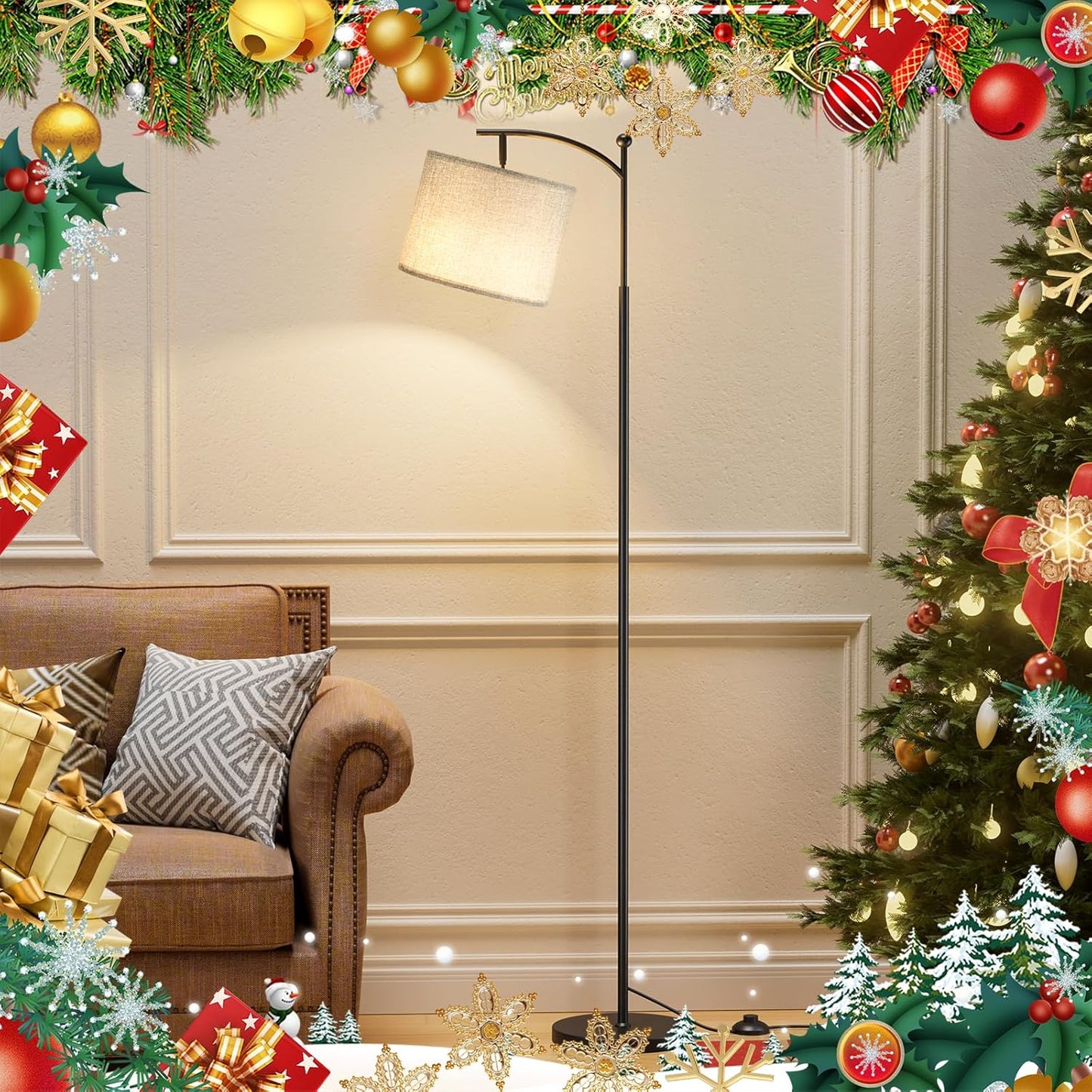 Modern 60" Floor Lamp with Remote Control & Dimmable LED Bulb - Beige Shade, Adjustable Brightness for Living Room