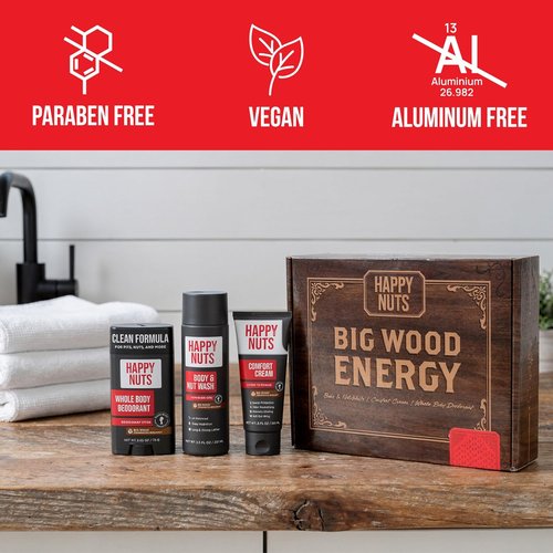 HAPPY NUTS Men's Gift Hygiene Kit | Big Wood Energy Box with Deodorant, Body Wash & Comfort Cream