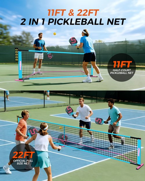Portable Pickleball Net for Driveway, 22FT & 11FT 2IN1 Pickle Ball Net with 4 Paddles, 8 Pickleballs, Ball Collector, Carry Bag, Practice Nets Set for Garages Backyard (Green)